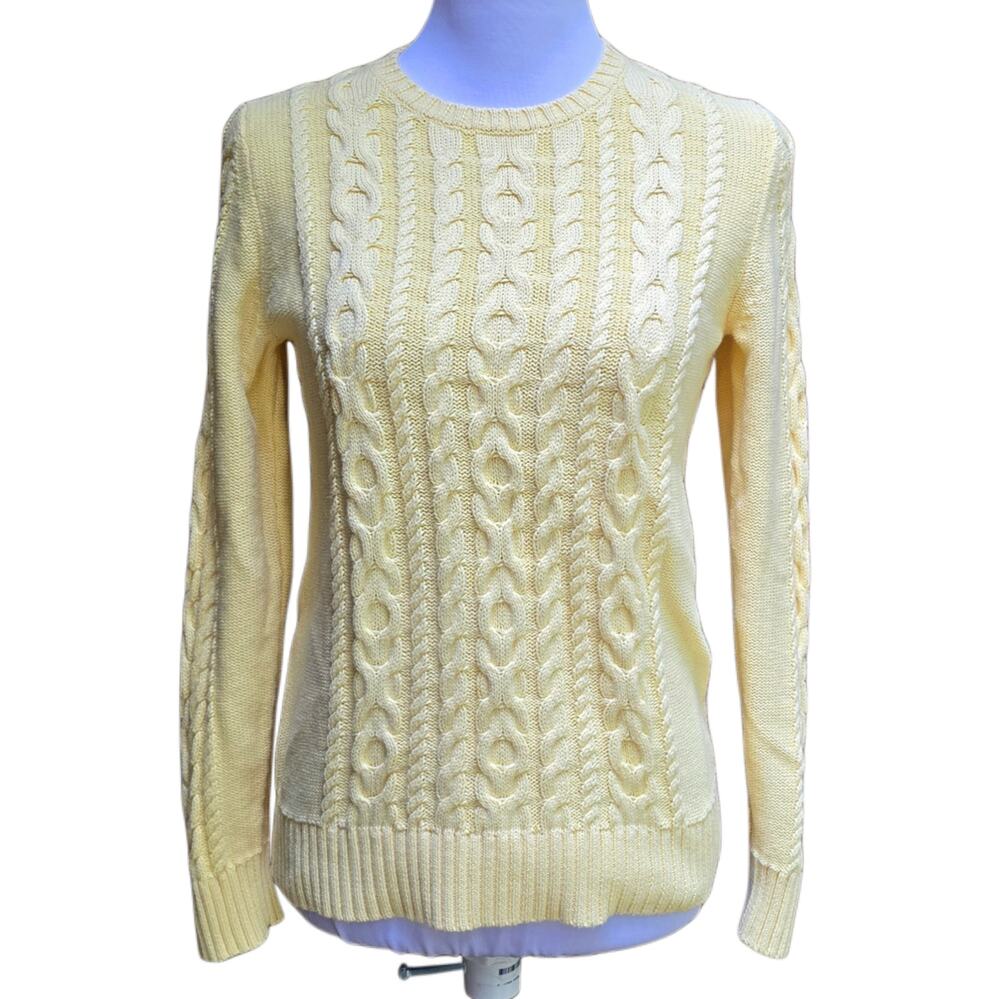LL Bean Womens Cable Knit Sweater Crewneck Butter Yellow Cotton Pullover Size S